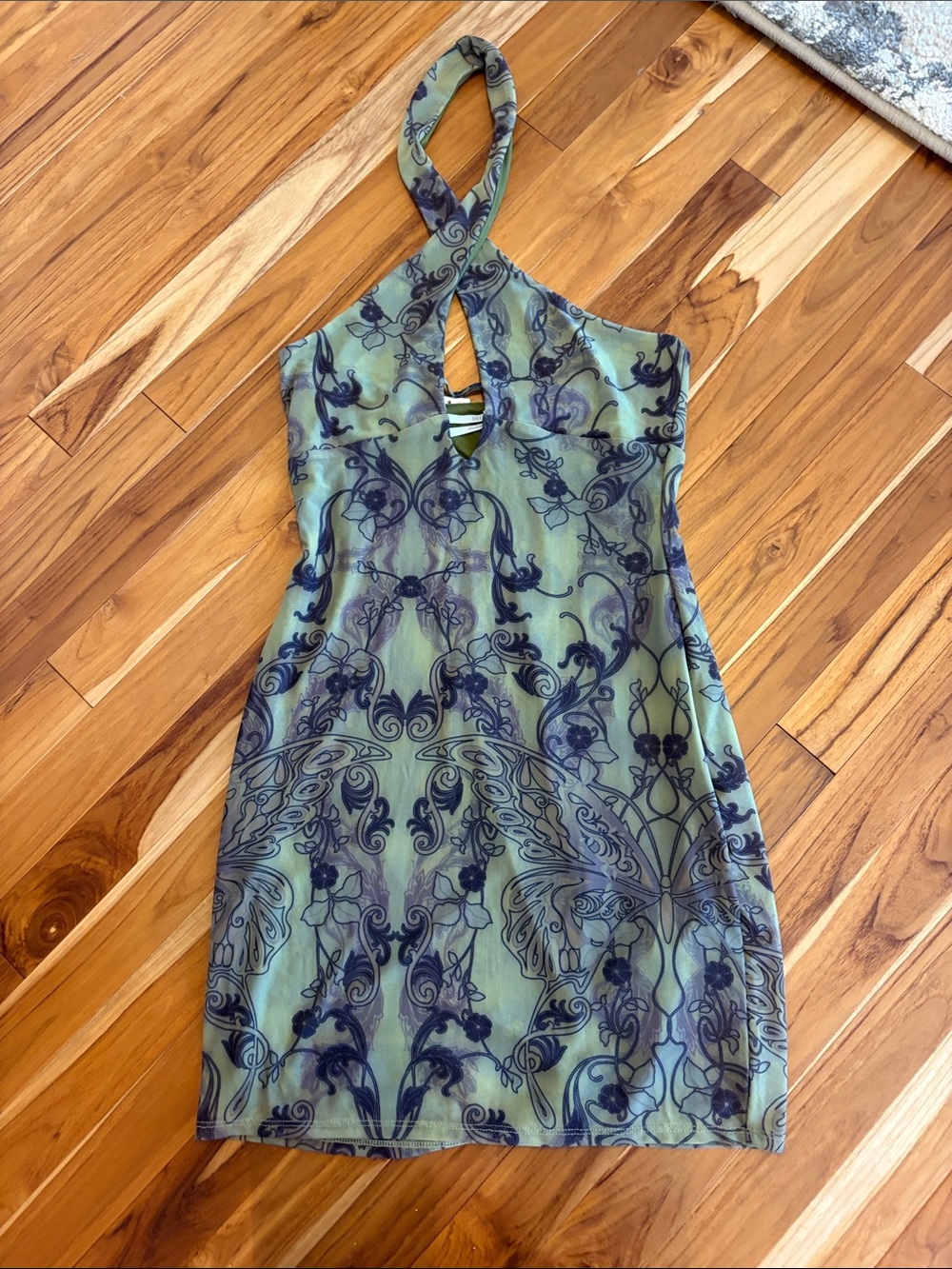 silence + noise Olive Green Halter Mini Dress with Navy Scroll Print